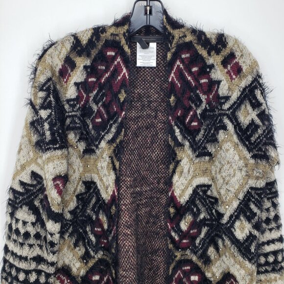 BCBGMaxazria Tribal Aztec Open Front Long Cardigan Sweater M Fuzzy Tan Black - Picture 4 of 6